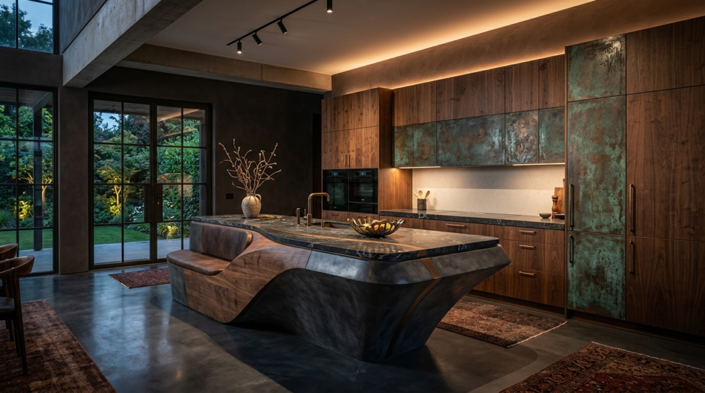 Walnut Kitchen Cabinets Pros and Cons Luxury walnut kitchen cabinets with oxidized bronze metal panels, sculptural kitchen island, seamless integrated appliances, dramatic ambient lighting, rich material contrast, contemporary architectural interior