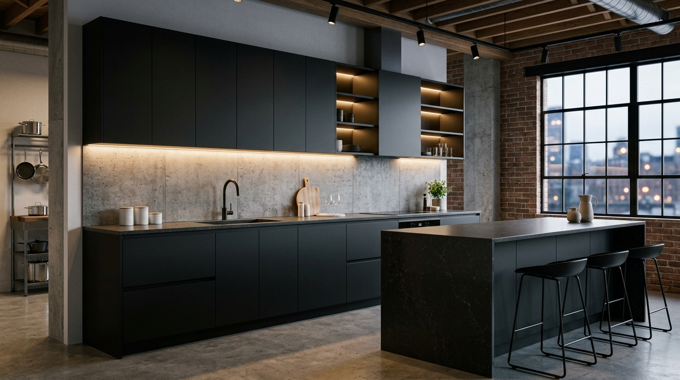 Frameless Kitchen Cabinets Industrial frameless kitchen cabinets have good lighting integration, with matte black full-overlay design.