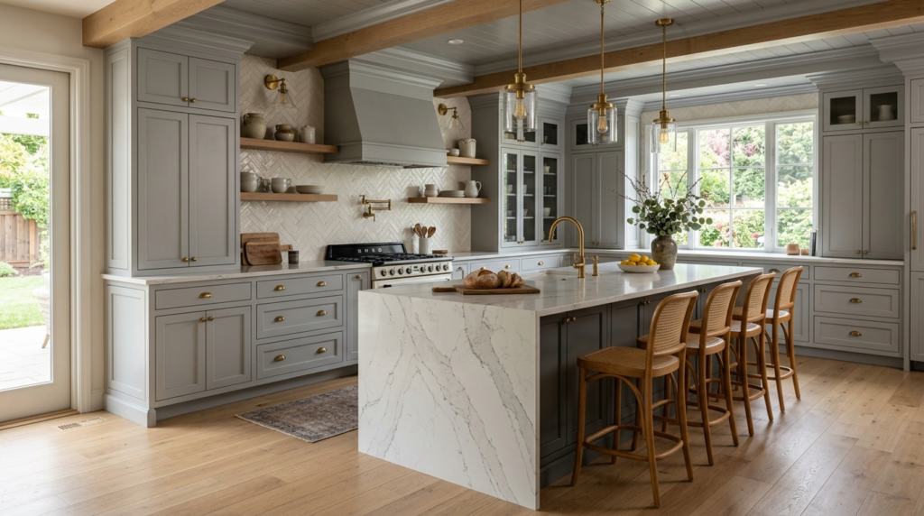 Country Style Kitchen Cabinets Contemporary kitchen featuring gray country style kitchen cabinets, brass hardware, and a large waterfall island
