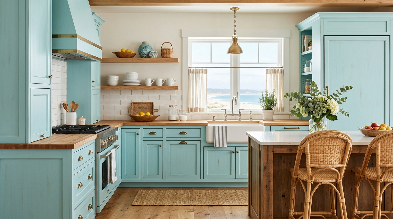 Colored Kitchen Cabinets Pale turquoise kitchen cabinets enhancing a coastal-style kitchen