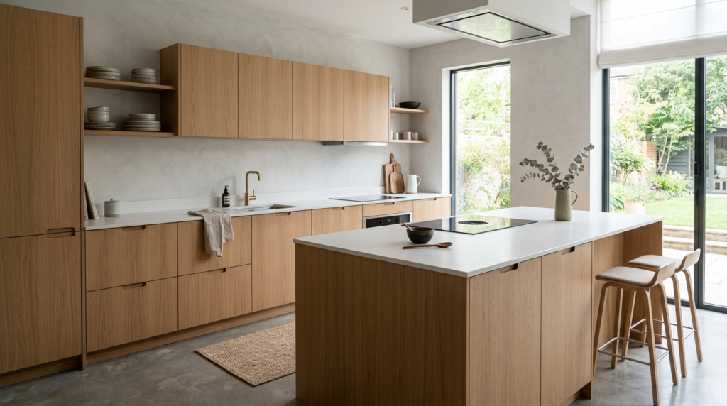 Flat Panel Kitchen Cabinets for a Modern, Minimalist Look Nature wood flat panel kitchen cabinets