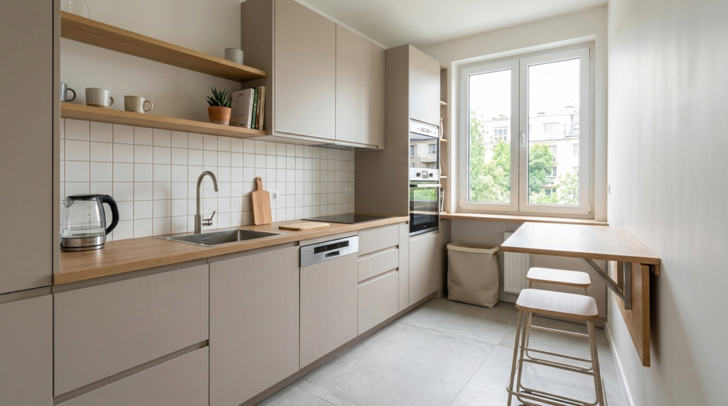 Handleless Kitchen Cabinets This compact kitchen has handleless cabinets with light taupe full-overlay doors, a fold-down breakfast bar, white tile backsplash, and bright minimal styling.