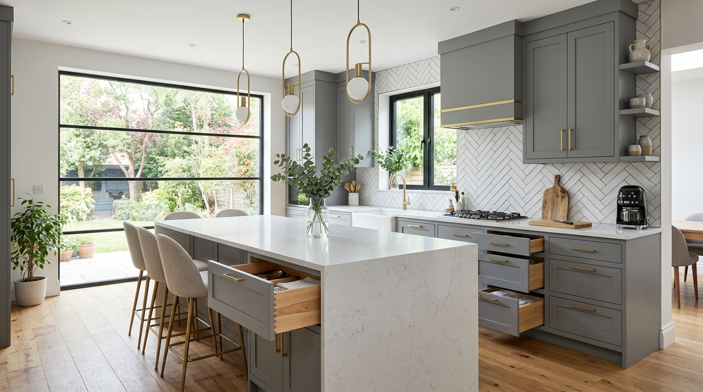 Grey Kitchen Cabinets Modern gray cabinets with a herringbone backsplash, gold pendant lights, and a large window in a contemporary kitchen.