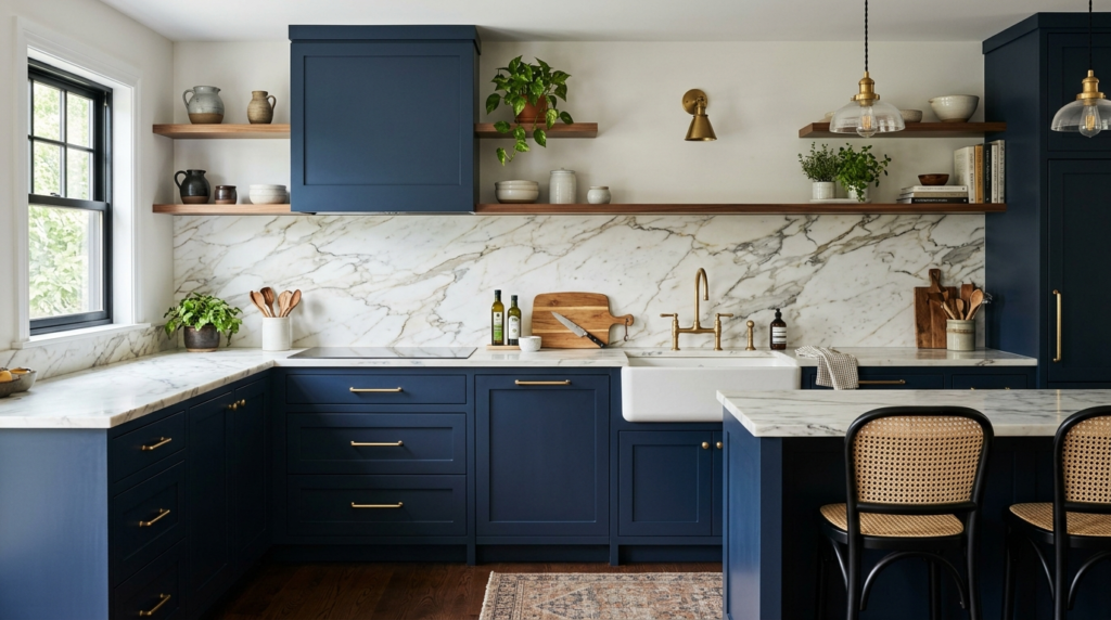 Colored Kitchen Cabinets Navy blue kitchen cabinets creating contrast against a bright marble backsplash