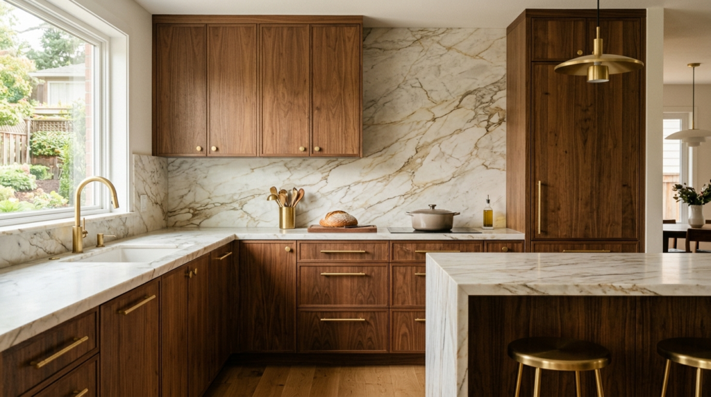 Light vs Dark Walnut Kitchen Cabinets: Which Finish Works Best? Walnut kitchen cabinets with refined brushed brass hardware and a full-height stone backsplash, highlighting the tactile contrast between warm wood, metallic details, and seamless vertical surface design in a modern luxury kitchen.