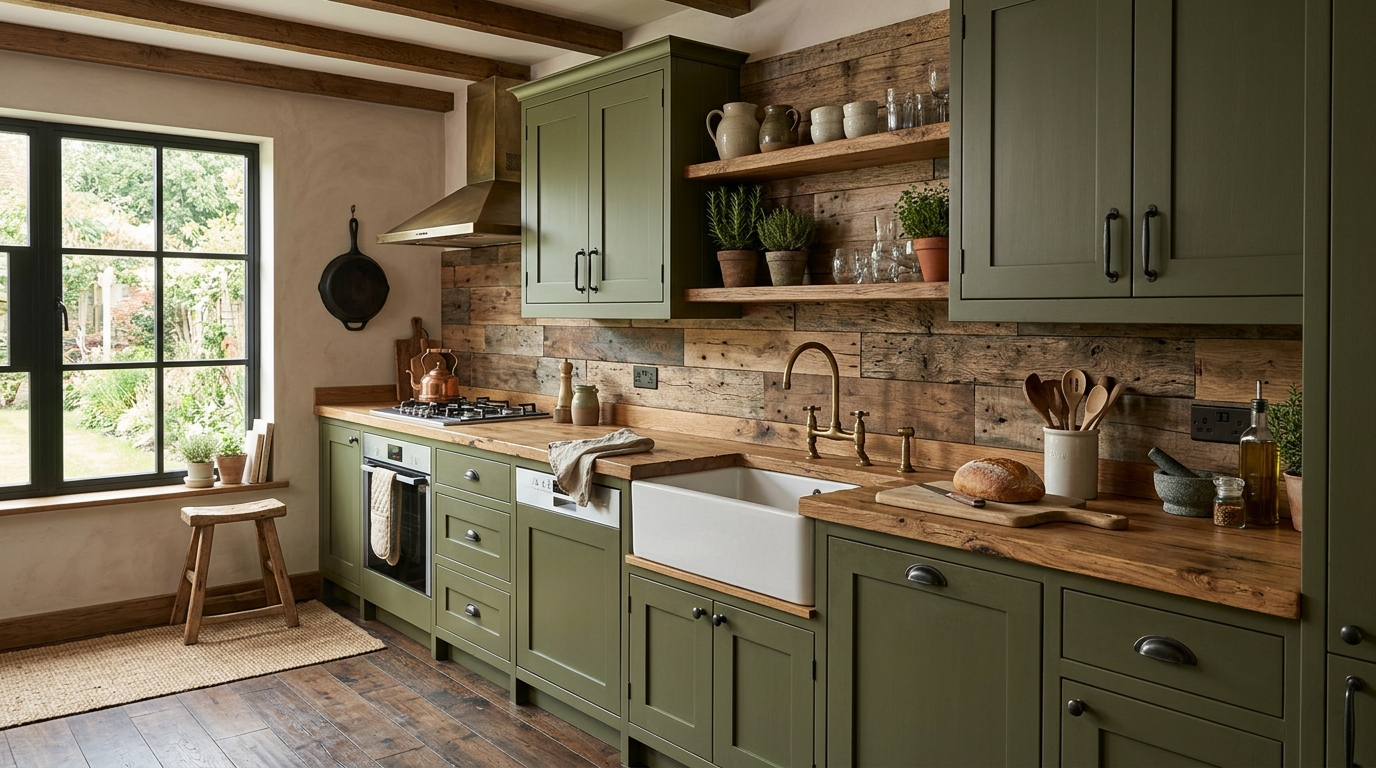 Colored Kitchen Cabinets Olive green kitchen cabinets combined with rustic wood details