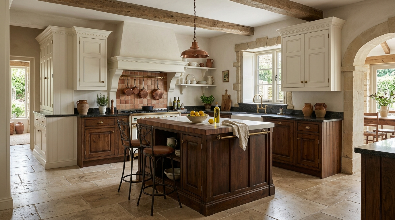Classic Kitchen Cabinets The kitchen is Mediterranean-inspired, featuring classic cabinets, travertine flooring, and two-toned, mixed-finish kitchen cabinets.