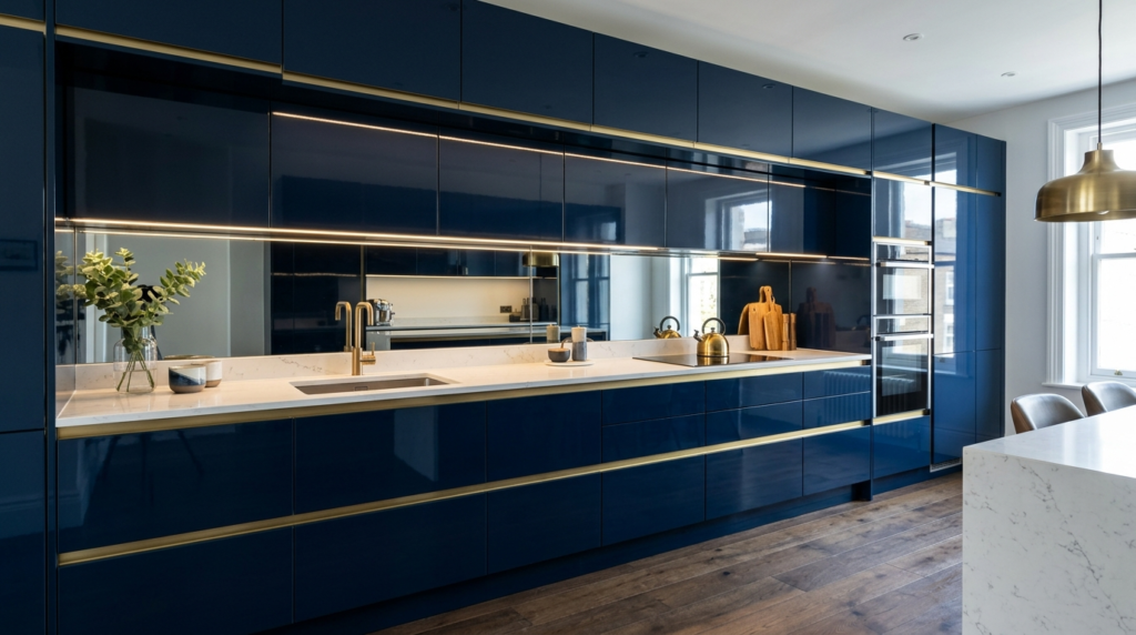Frameless Kitchen Cabinets High-gloss frameless kitchen cabinets in deep navy, with a seamless wall-to-wall design