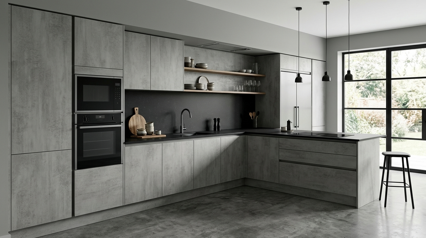 Concrete Look Kitchen Cabinets Monochromatic kitchen featuring concrete look cabinets, black stone countertop, seamless cabinetry, sophisticated aesthetic