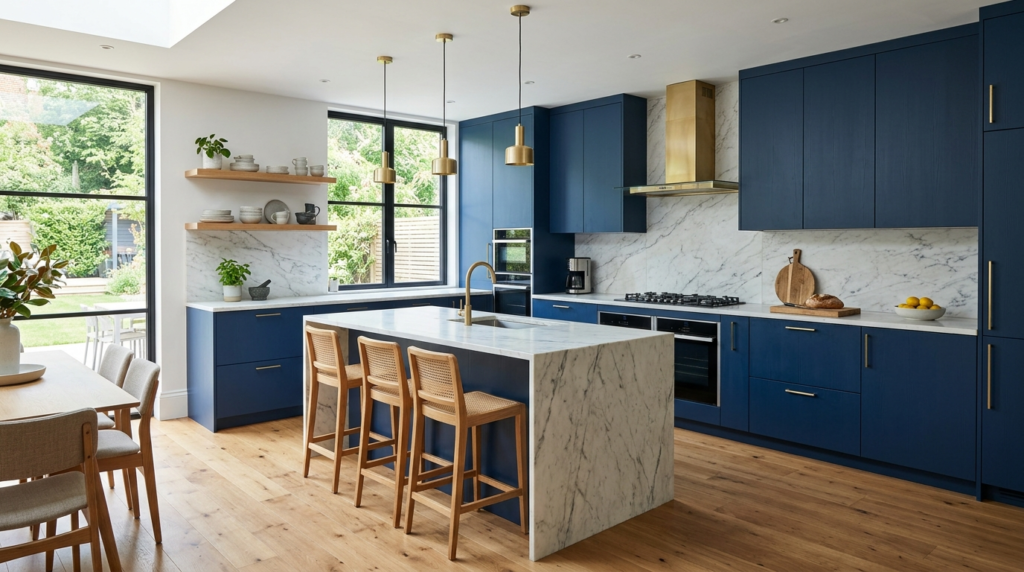 Blue Kitchen Cabinets Modern kitchen featuring blue kitchen cabinets, a marble island, brass fixtures, open shelving, and natural wood flooring.