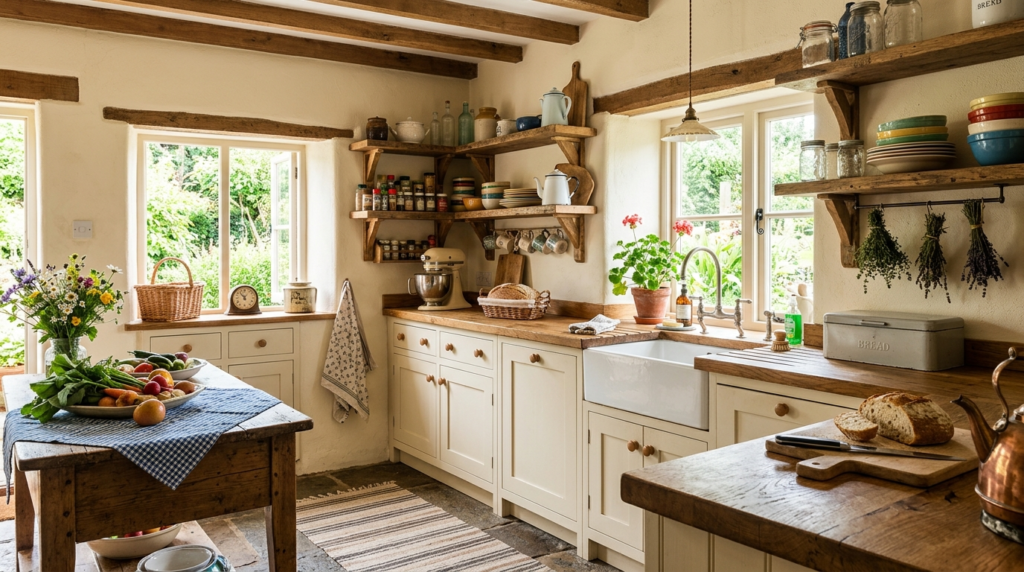 Country Style Kitchen Cabinets Warm country kitchen with cream shaker cabinets, butcher block countertops, open wooden shelves, vintage farmhouse charm