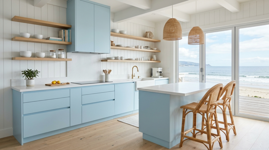 Handleless Kitchen Cabinets Soft pale blue seamless handleless kitchen cabinets in a coastal-style kitchen.