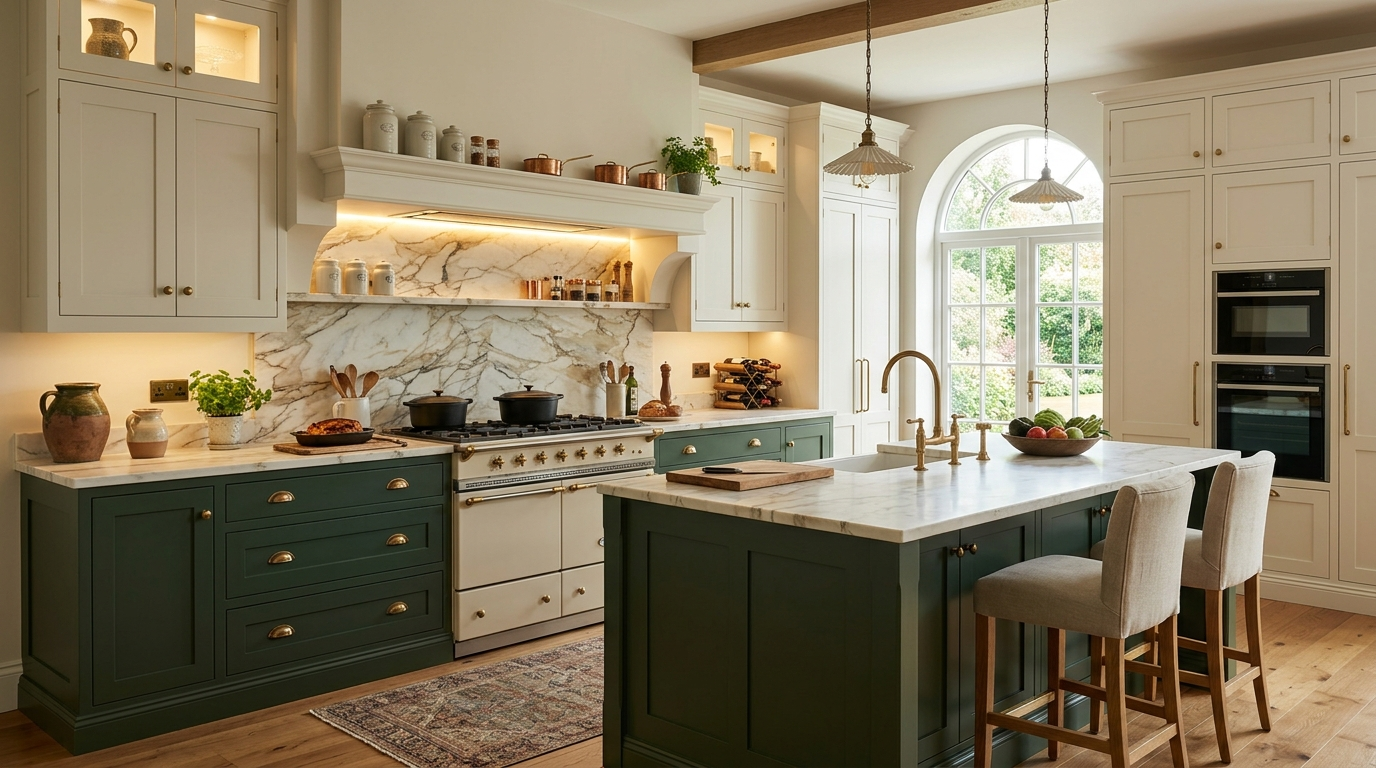 Country Style Kitchen Cabinets Luxury kitchen design featuring two-tone country style kitchen cabinets and a statement stone backsplash