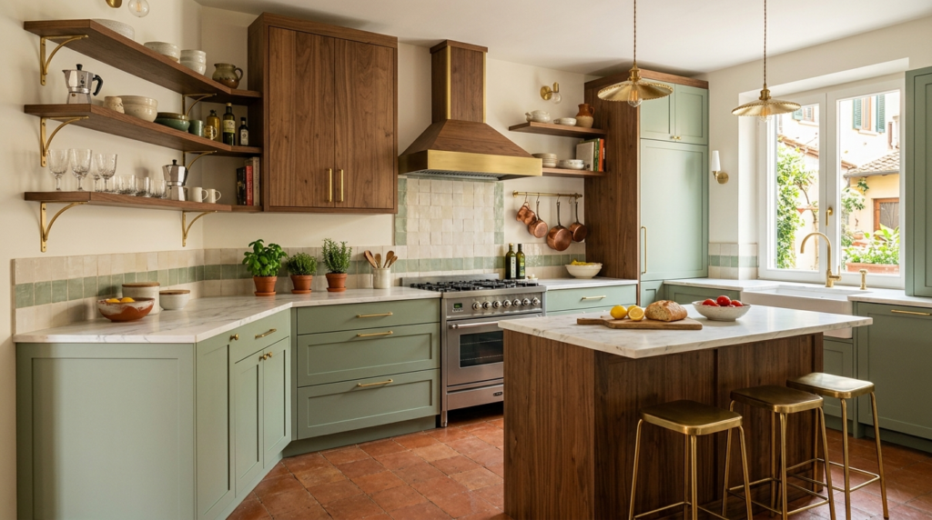 Modern Walnut Kitchen Cabinets two-tone kitchen with a walnut island and sage green cabinets