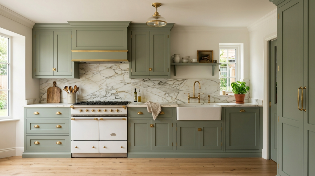Classic Kitchen Cabinets Sage green classic kitchen cabinets with brass hardware and marble backsplash