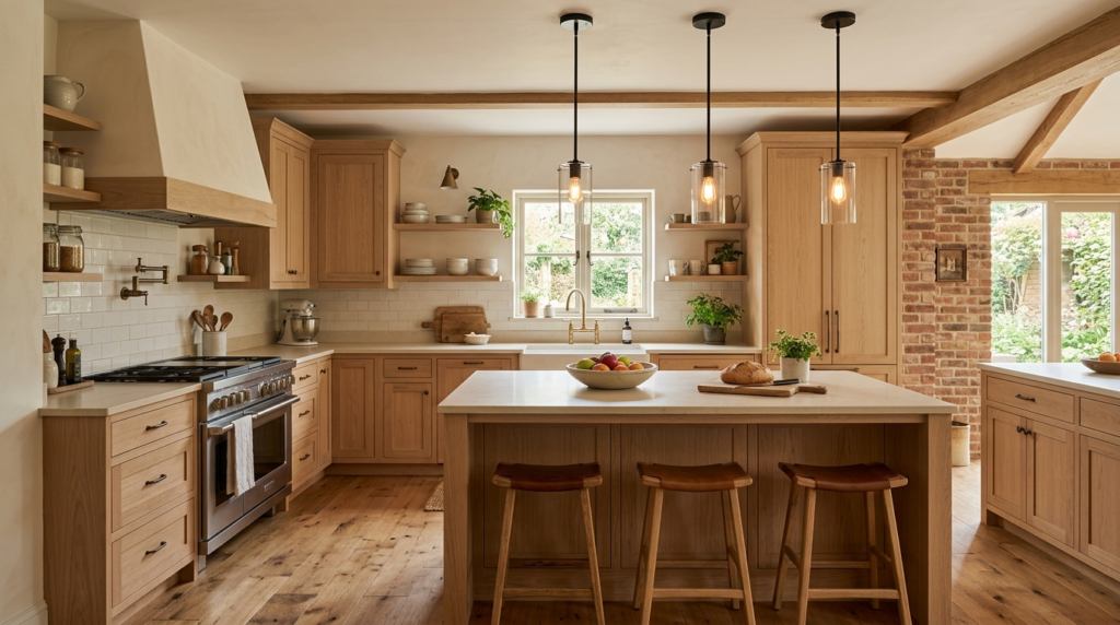 Country Style Kitchen Cabinets Modern rustic kitchen with light oak country style kitchen cabinets and streamlined pendant lighting