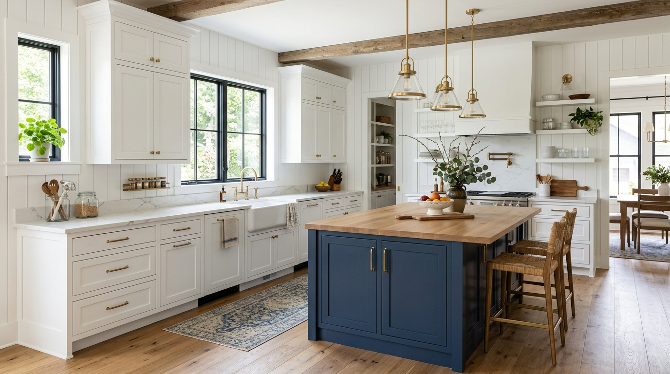 Country Style Kitchen Cabinets Modern farmhouse kitchen with two-tone country style kitchen cabinets, white perimeter cabinetry, a navy island, and brushed brass hardware