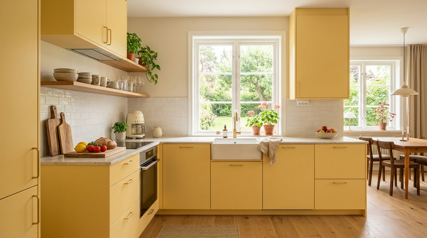 Colored Kitchen Cabinets Soft yellow flat panel kitchen cabinets brightening a sunlit kitchen
