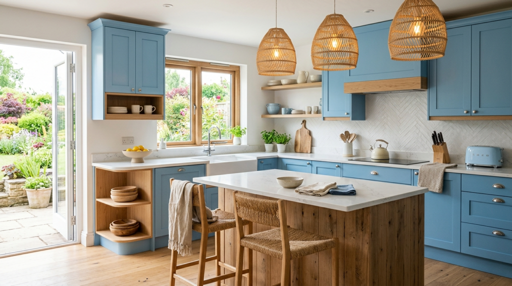 Blue Kitchen Cabinets Sky blue kitchen cabinets with woven pendant lights, matching natural wood accents, white quartz countertops