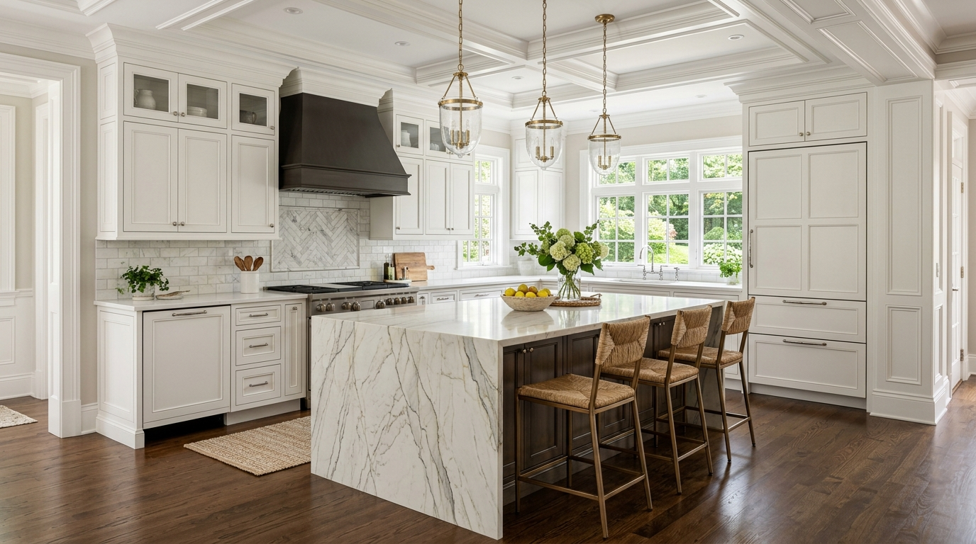 Classic Kitchen Cabinets Transitional kitchen with classic cabinets and quartzite waterfall island