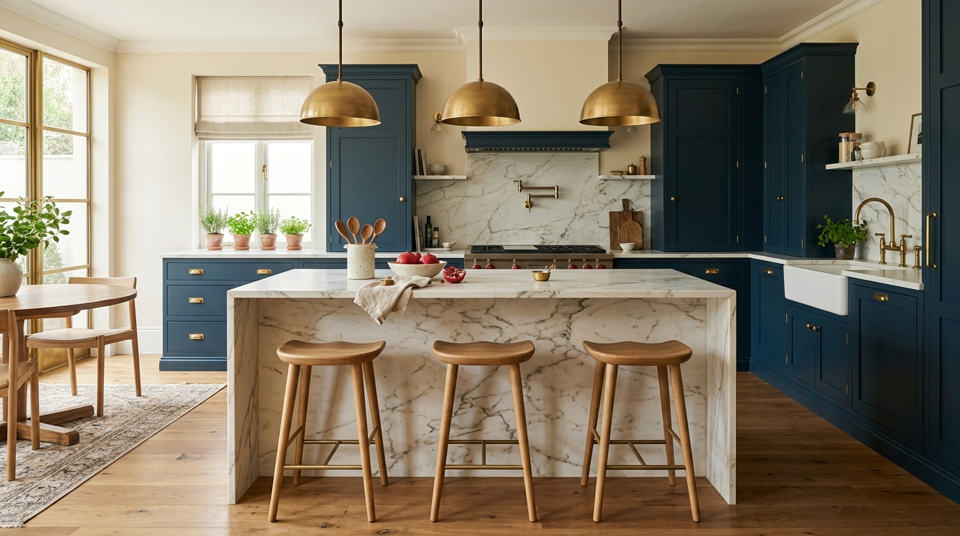 Blue Kitchen Cabinets Rich Hague Blue kitchen cabinets, coordinated brass pendant lighting, matching brass hardware and faucet