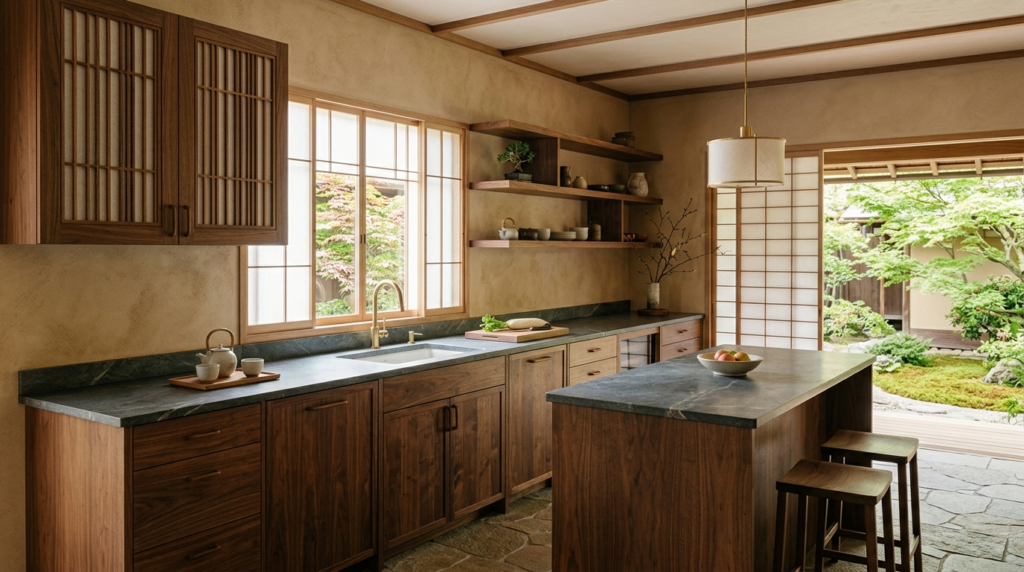 Walnut Kitchen Cabinets Pros and Cons Walnut kitchen cabinets inspired by Japanese architecture, shoji-style details, textured plaster walls, natural stone countertop, warm diffused daylight, serene and minimalist atmosphere