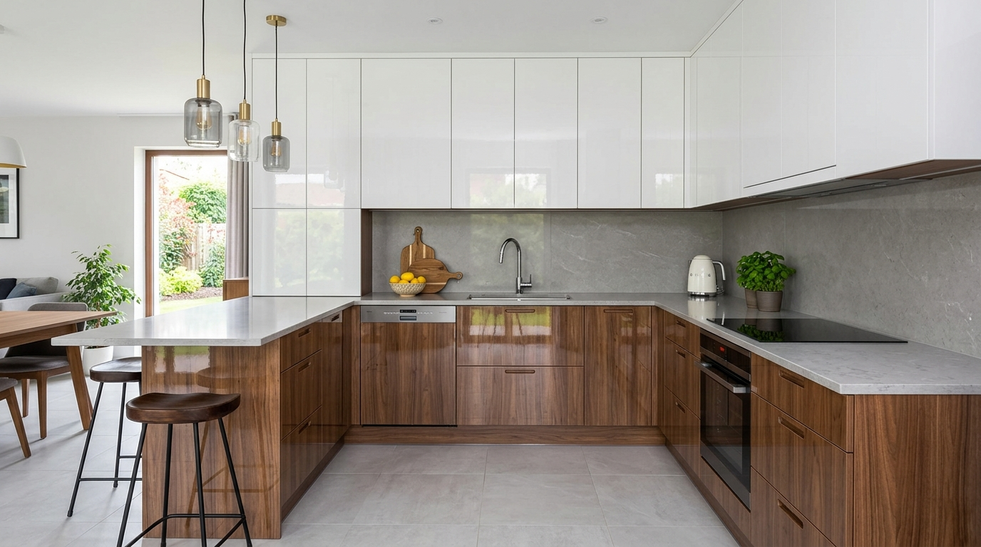 High Gloss Kitchen Cabinets Two-tone high gloss kitchen cabinets, white uppers and wood-tone base, push-to-open