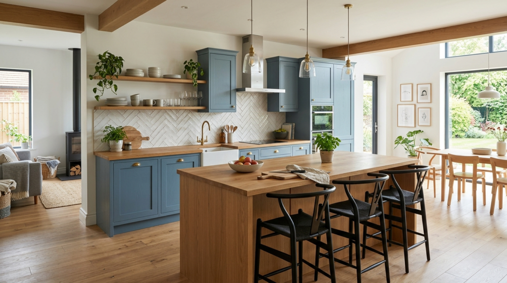 Colored Kitchen Cabinets Dusty blue kitchen cabinets in a Scandinavian-inspired open-plan kitchen