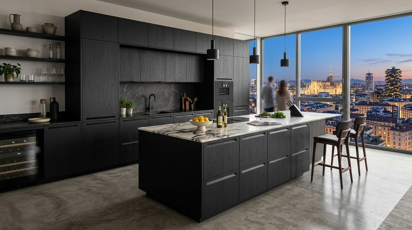 Italian Kitchen Cabinets High-end Italian kitchen with black wood-grain Italian kitchen cabinets, integrated handles, and a panoramic city view.