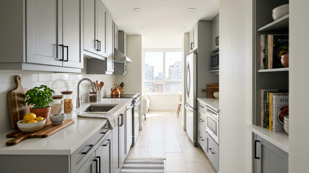 Grey Kitchen Cabinets Grey galley kitchen cabinets pair with a white countertop and tile flooring in a bright, compact modern apartment kitchen.