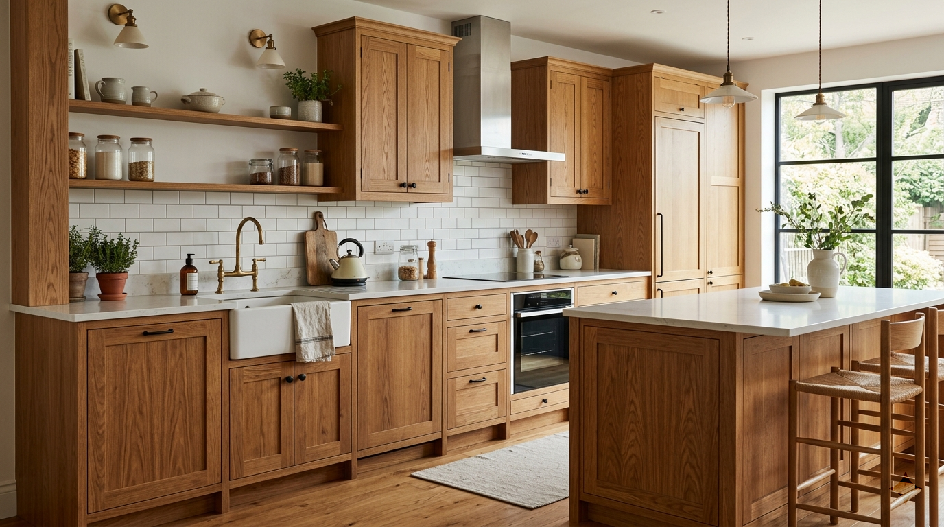 Classic Kitchen Cabinets Scandinavian inspired classic kitchen cabinets in warm oak finish, Shaker style