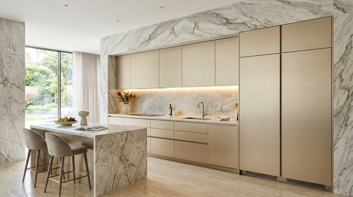 Frameless Kitchen Cabinets Luxury frameless kitchen cabinets with champagne-toned doors, full-height marble slab walls, completely flush integrated fridge panels, and hidden under-cabinet lighting.