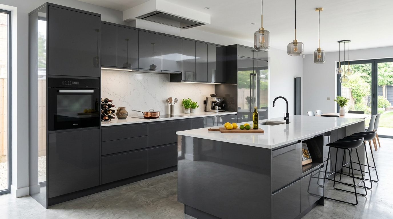 High Gloss Kitchen Cabinets Luxury high gloss cabinets, integrated appliances, quartz worktop