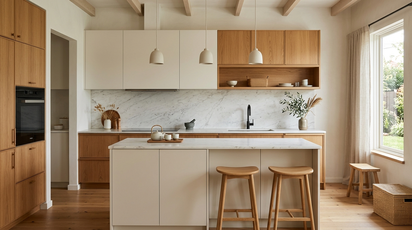Classic Kitchen Cabinets The kitchen features a Japandi style, characterized by classic cabinets, natural wood tones, and a flat-panel design.