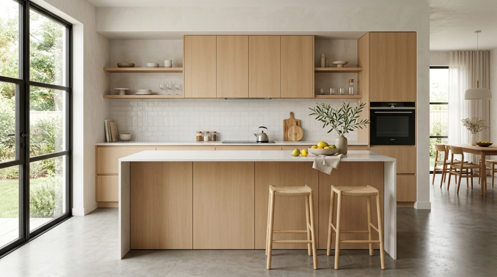 Flat Panel Kitchen Cabinets for a Modern, Minimalist Look White oak flat-panel kitchen cabinets give a tranquil vibe.