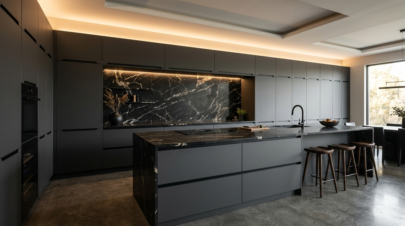 Handleless Kitchen Cabinets Dramatic handleless kitchen cabinets and a floor-to-ceiling charcoal-finish design with recessed finger-pull channels.