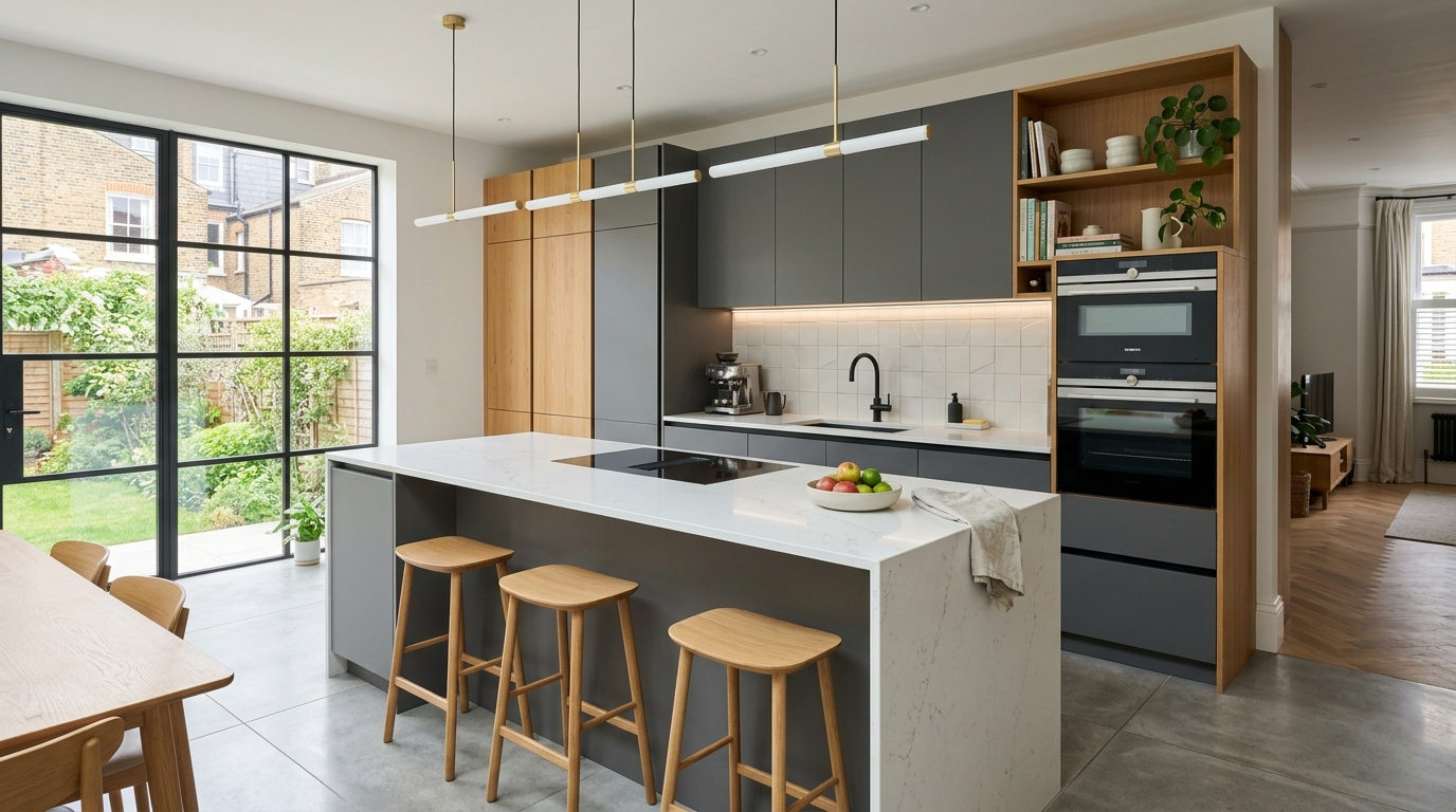 European Kitchen Cabinets: The Trendiest Choice for Modern Homes European kitchen cabinets featuring a matte grey finish paired with natural wood accents.