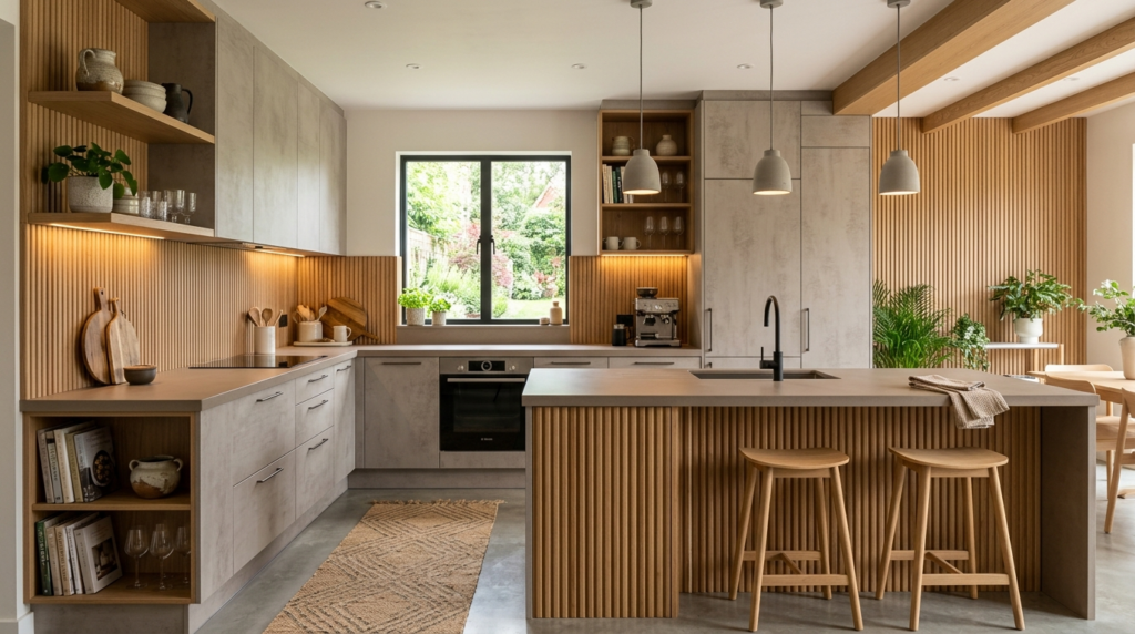 Concrete Look Kitchen Cabinets European-style kitchen featuring taupe concrete look cabinets, fluted wood accents, integrated LED lighting, refined details