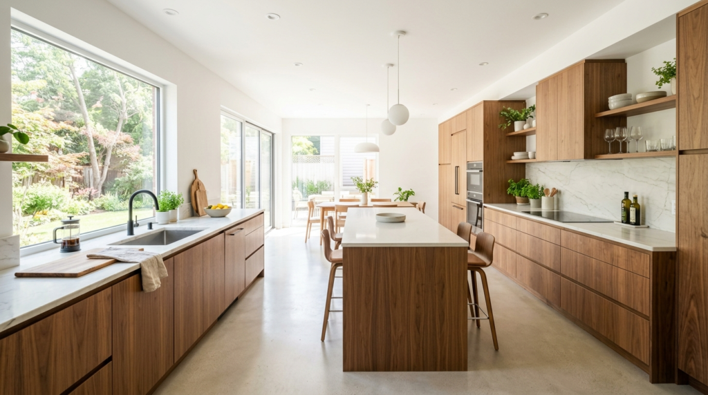Light vs Dark Walnut Kitchen Cabinets: Which Finish Works Best? Light walnut kitchen cabinets with warm wood grain and clean lines, creating a bright, open kitchen that feels larger and more spacious through their airy natural finish and seamless design.