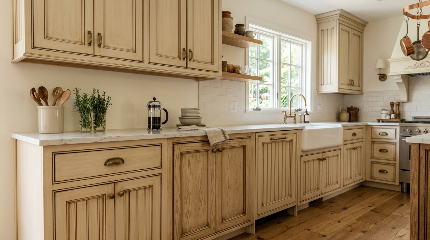 Country Style Kitchen Cabinets Modern glazed country style kitchen cabinets use a tinted topcoat to deepen the grain and add gentle antique character.