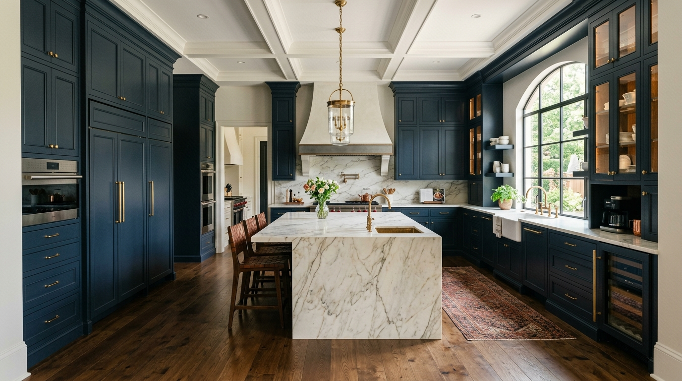 Classic Kitchen Cabinets Luxury estate kitchen with floor to ceiling classic cabinets and marble island