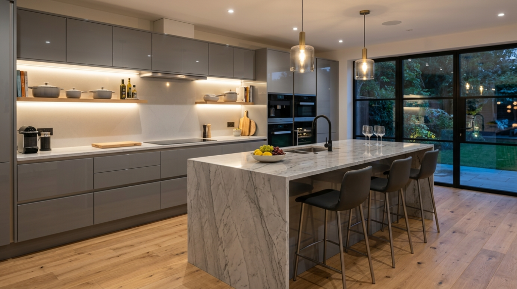 Grey Kitchen Cabinets Sleek high-gloss gray kitchen cabinets with a waterfall island countertop and LED under-cabinet lighting in a modern luxury kitchen.