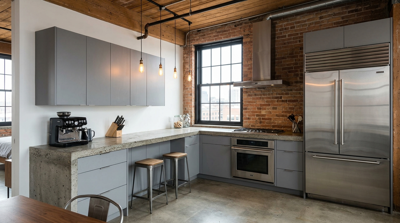 Grey Kitchen Cabinets Gray flat-panel cabinets with stainless steel appliances and a concrete countertop in an industrial modern kitchen.
