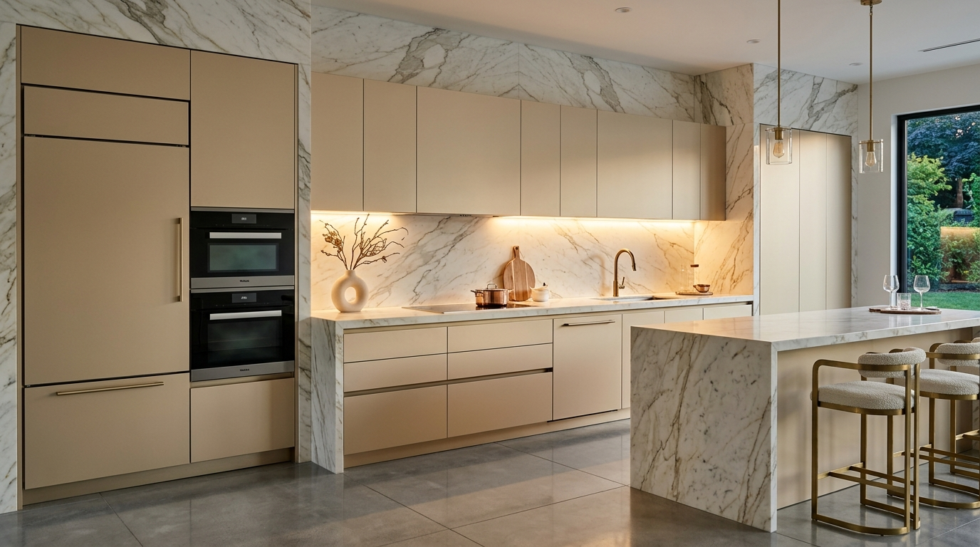 Frameless Kitchen Cabinets Luxury frameless kitchen cabinets with champagne-toned doors, full-height marble slab walls