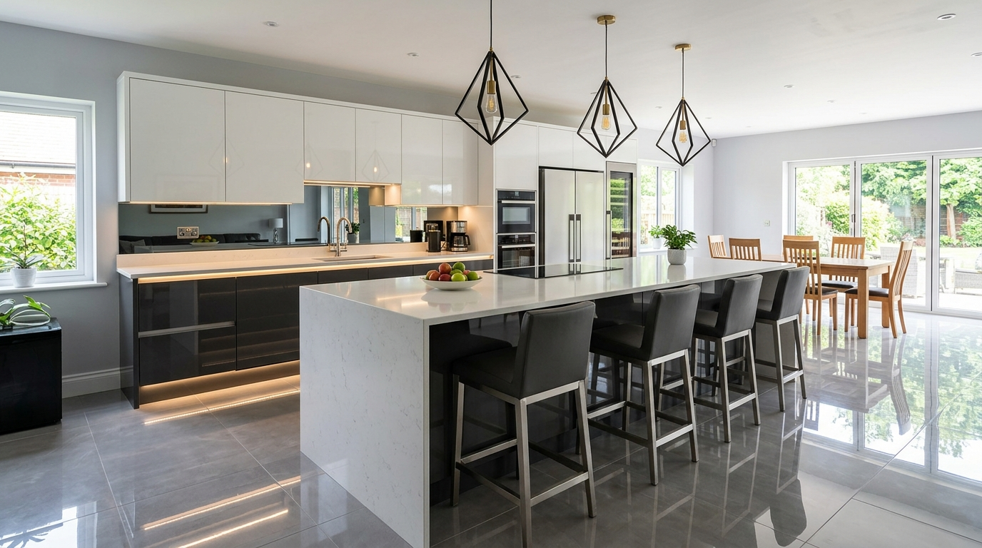 High Gloss Kitchen Cabinets High gloss kitchen cabinets with island seating, pendant lights, polished floor