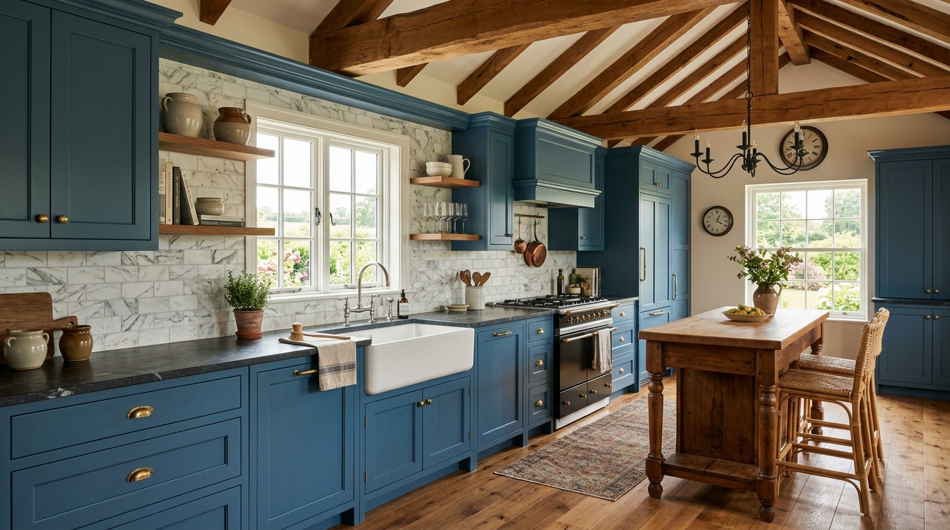 Blue Kitchen Cabinets Blue shaker kitchen cabinets with crown molding, white marble backsplash, farmhouse sink, warm wood beams, classic farmhouse kitchen