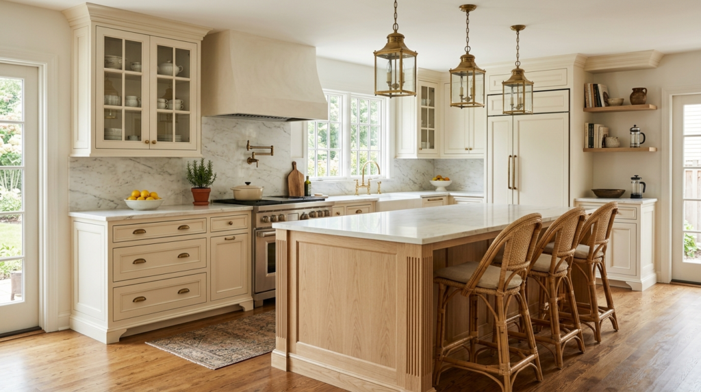 Classic Kitchen Cabinets Warm ivory classic kitchen cabinets with white oak island and marble countertops