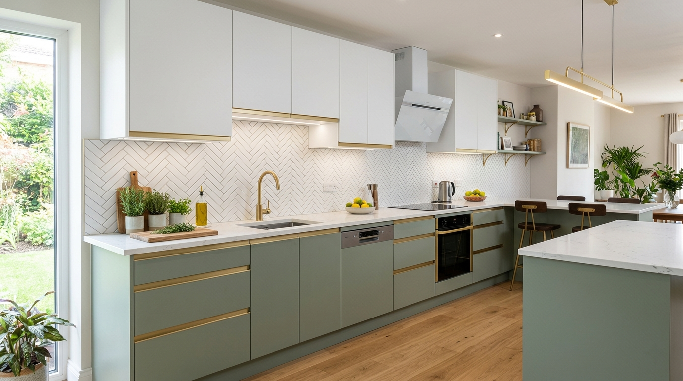 Handleless Kitchen Cabinets Two-tone handleless kitchen cabinets: sage green base with white uppers and recessed grip channels.