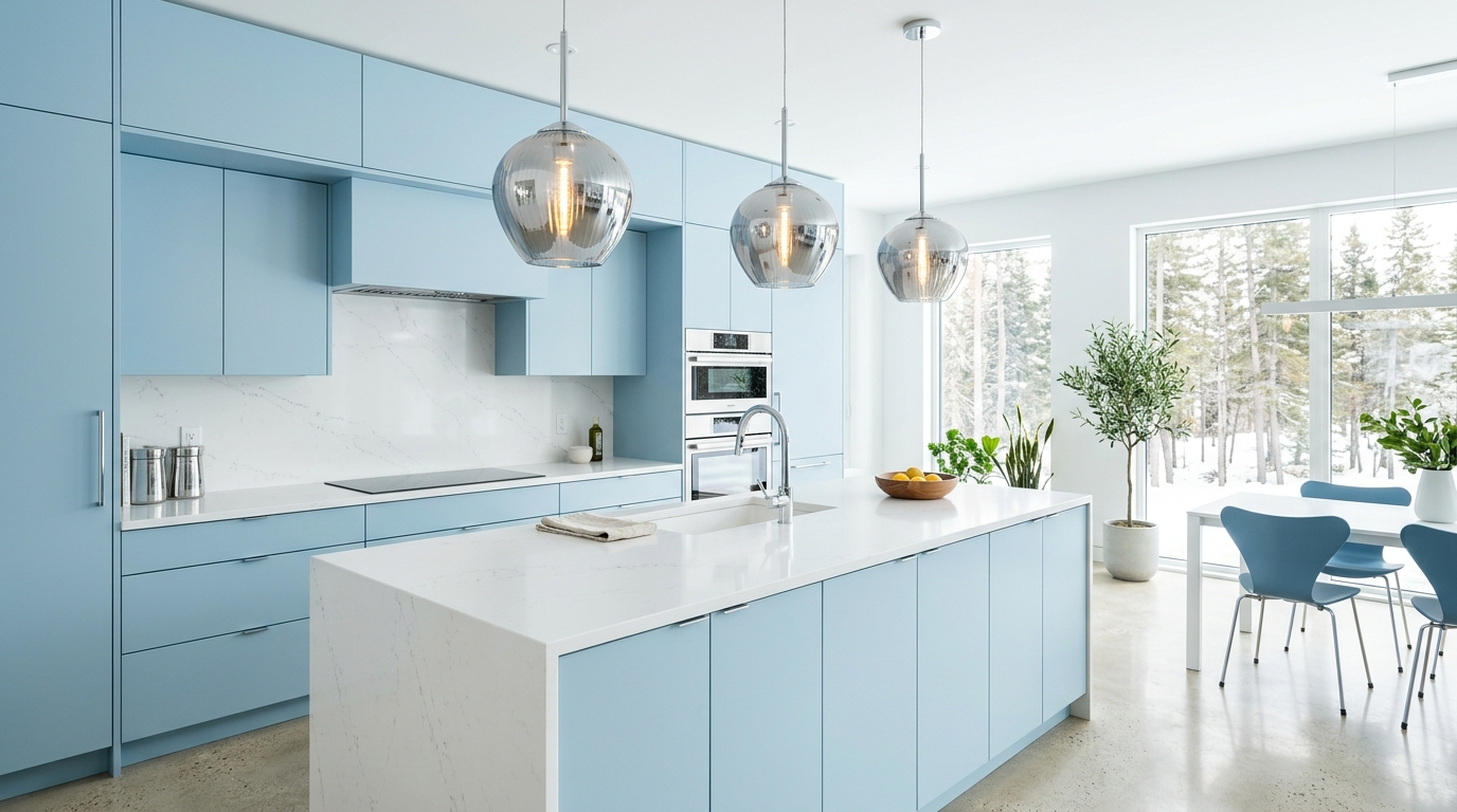 Blue Kitchen Cabinets Icy blue modern kitchen, almost frosted blue cabinetry with ultra-matte finish, paired with white quartz countertops, chrome accents, reflective glass pendant lights, crisp and airy futuristic minimalism.