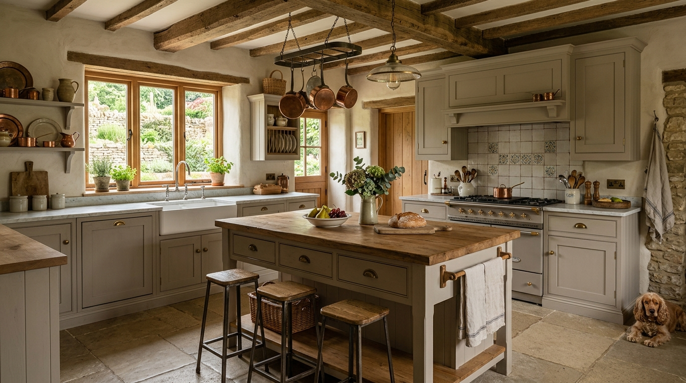 Classic Kitchen Cabinets The European farmhouse kitchen features classic greige cabinets and an island.